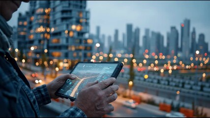 Man using tablet with navigation app overlooking a city at dusk - Powered by Adobe