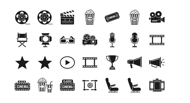 Cinema and filmmaking glyph icon set. A collection of movie production symbols like popcorn, camera, and film reel