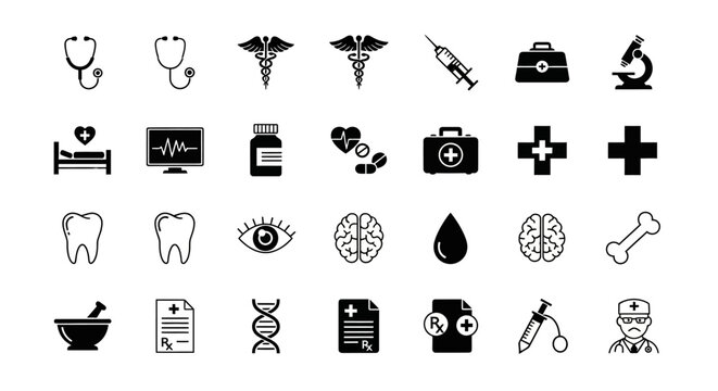 A comprehensive set of flat design medical and healthcare icons, including symbols for hospital, science, and emergency services, isolated on a white background