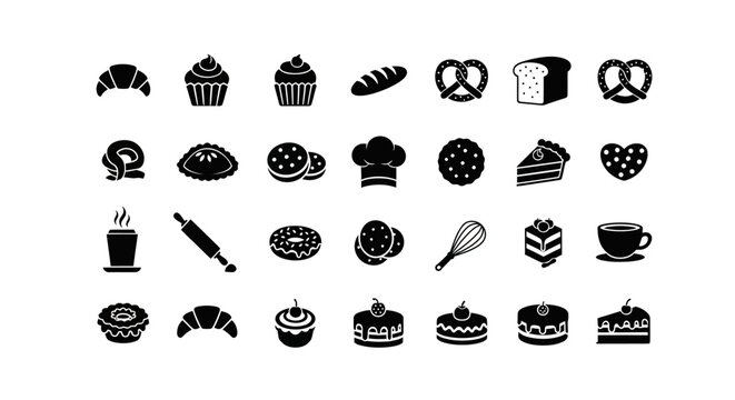 Black and white vector icon set featuring various baked goods, sweets, and patisserie elements for design projects