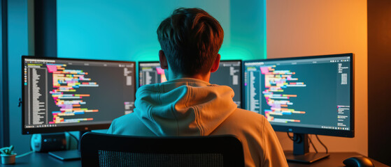 Person working multiple computer screens, focused coding and programming tasks modern workspace. ambient lighting creates vibrant atmosphere