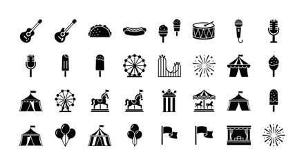 Amusement park and fair festival vector icon collection. Minimalist black silhouette symbols for web and graphic design elements