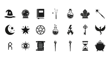 A comprehensive set of magic and sorcery icons. Black silhouette symbols for fantasy, witchcraft, and alchemy themes