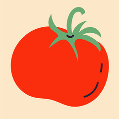 Vector illustration of tomatoes in flat, doodle, minimalist style. Simple hand-drawn food design with tomato fruits, slices, and branches. Perfect for kitchen decor, packaging, menus, and healthy food