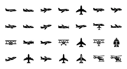 A diverse collection of black aircraft vector icons, featuring various airplane, jet, biplane, and helicopter silhouettes. Kufu 469 design elements