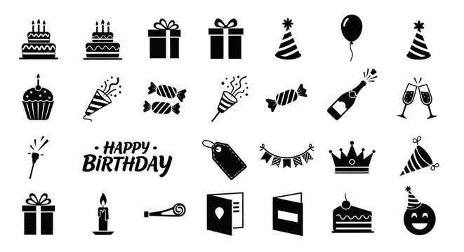 A festive set of monochrome birthday party icons, including cake, gifts, and balloons, for celebration design projects kufu 456