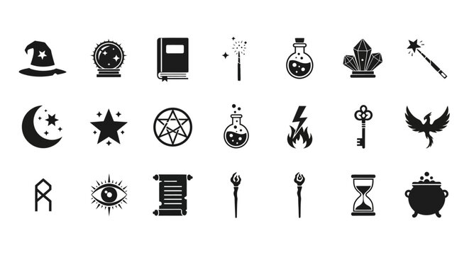 A comprehensive set of magic and sorcery icons. Black silhouette symbols for fantasy, witchcraft, and alchemy themes