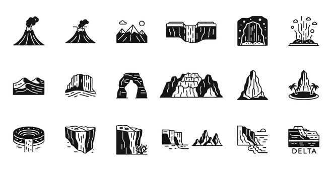 A comprehensive set of minimalist line art icons depicting various geological landforms, natural wonders, and outdoor landscapes