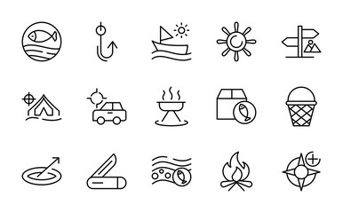 Adventure Hunting and Fishing linear icon set. Outdoor sport, activity, wildlife, bait, gear, binoculars, forest line icons. UI thin line icon pack