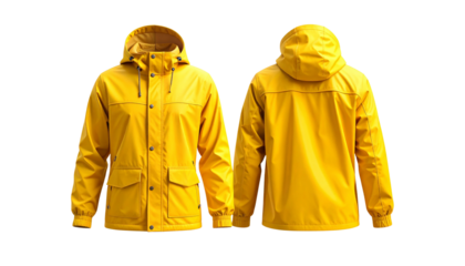 Yellow waterproof jacket with hood isolated on transparent background