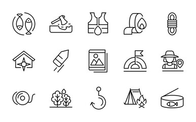 Wildlife Hunting and Fishing linear icon set. Outdoor, recreation, forest, fish, bow, bait, gear, camp, binoculars, vector line icons