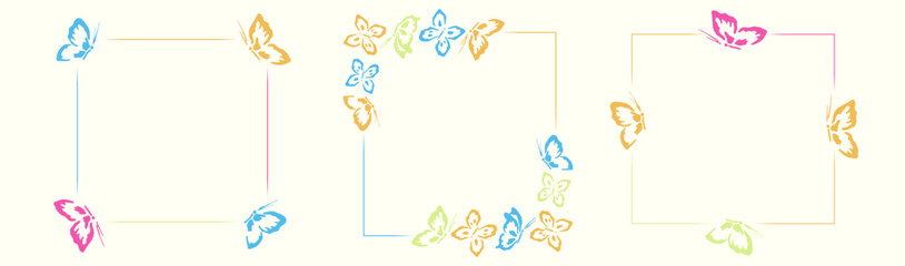 Colorful square butterfly frame set &ndash; multicolor butterfly silhouettes in pastel tones