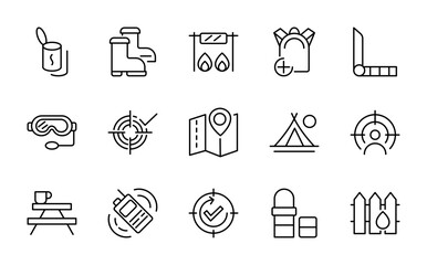 Fishing and Hunting linear icon set. Outdoor, sport, bait, adventure, forest, river, wildlife, equipment, binoculars line icons design.