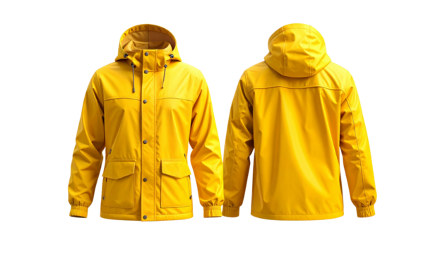 Yellow waterproof jacket with hood isolated on transparent background