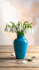 Fresh snowdrop flowers in a blue vase on a rustic wooden table.