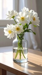 A beautiful bouquet of white narcissus flowers in a clear glass vase on a wooden table with soft natural light.