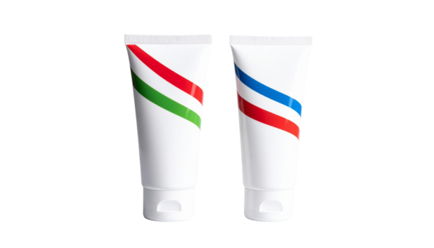 White plastic product tube with vibrant red, green, and blue stripes isolated on transparent background