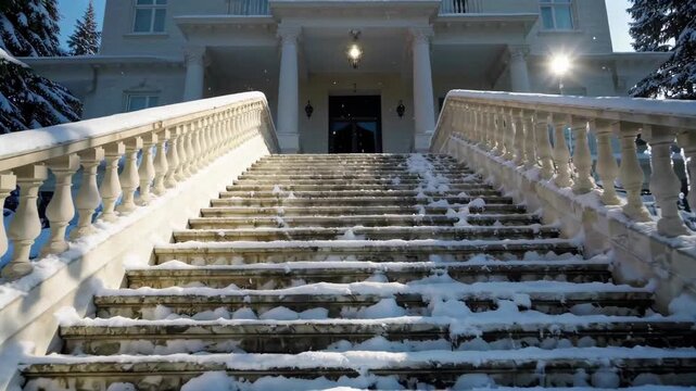 View of the steps in front of the villa after snow The steps in the back of the snow lead to the building