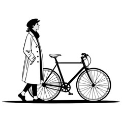 Stylized illustration of a person in a trench coat with a bicycle seat