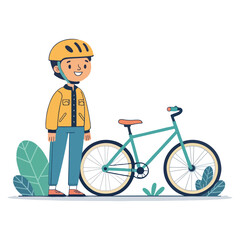 Happy boy with bicycle and helmet ready for outdoor adventure
