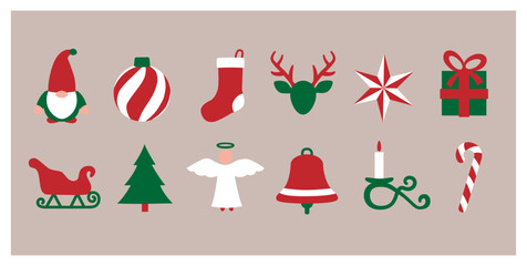 christmas icons and symbols for the christmas holidays, for decoration of websites and prints, including sleigh, gnome, bell, reindeer, star, candle, tree, ball, angel, sock, gift and candy cane.