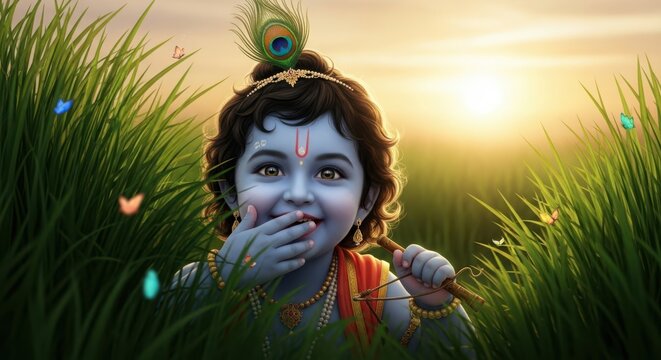 Baby krishna peeking through grass at sunset with butterflies
