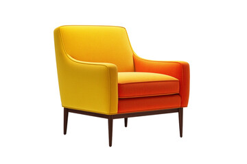 Fototapeta premium Modern armchair in vibrant yellow and orange colors with wooden legs on a white transparent background. 
