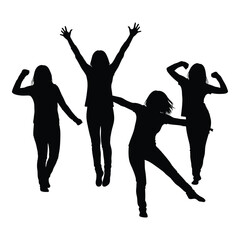 Dynamic silhouettes of four women celebrating together energetic poses expressing joy and empowerment in studio shot silhouette
