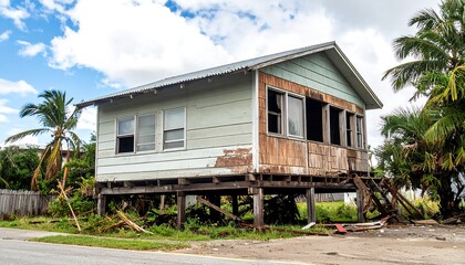 Dilapidated seaside bungalow sits on stilts, exterior showing signs of wear with damaged wooden framework. A cloudy sky provides a backdrop