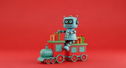 Joyful robot delivers holiday gifts on festive red train, spreading cheer and excitement