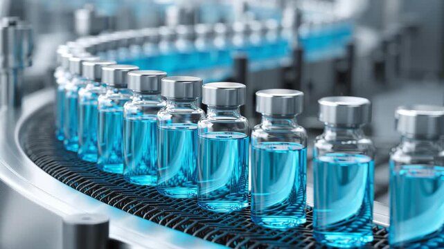 Pharmaceutical vials moving on a conveyor belt. Vaccine production, medical treatment, research and development.