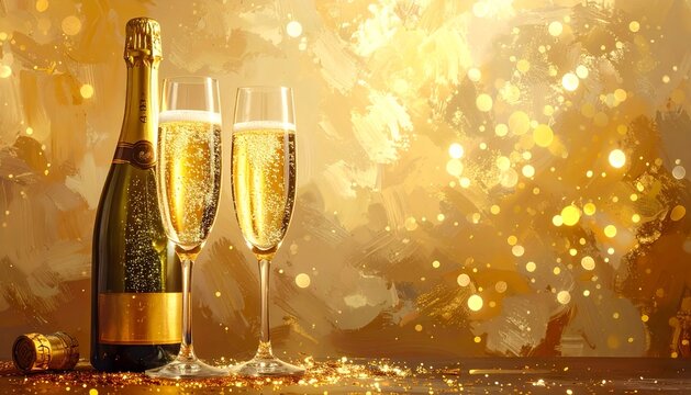 Luxurious golden glow illuminates a fine bottle of champagne alongside two filled flutes, symbolizing festive joy, success, and sophisticated celebration
