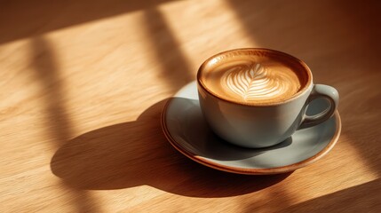 Obraz premium A cup of latte art sits on a saucer, bathed in warm sunlight on a wooden table
