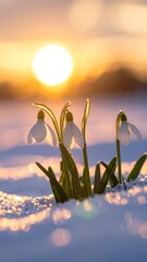 First spring snowdrops blooming through the snow at golden sunrise.