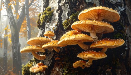 Digital artwork depicting a cluster of orange mushrooms growing on a tree trunk, in a blurred forest scene. Autumnal colors