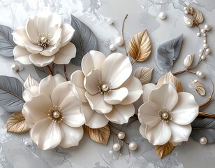 Exquisite artwork showcasing intricately crafted ivory flowers, gold-edged leaves, and elegant pearl accents. Set against a textured gray backdrop