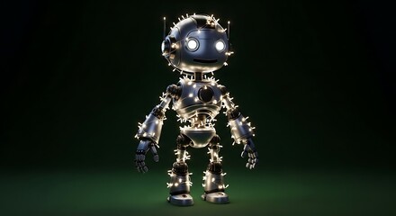 Whimsical robot adorned with sparkling fairy lights, radiating festive charm and futuristic fun