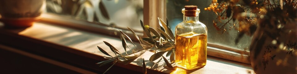 Glass bottle of olive oil and an olive branch on a sunlit rustic windowsill.
