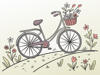 Charming bicycle laden with flowers on a winding path