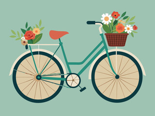 Vintage bicycle laden with fresh flowers on a pastel background