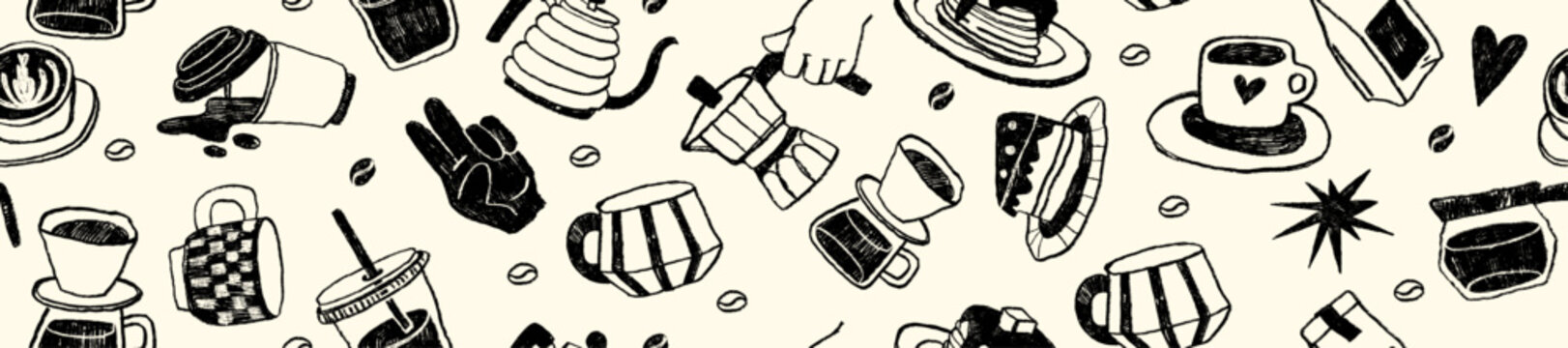 Morning coffee seamless pattern, hand drawn hot drink doodle banner, cafes breakfast cartoon graphic. Black espresso cup, big cappuccino mug, trendy background menu decor. Coffee pattern charcoal art