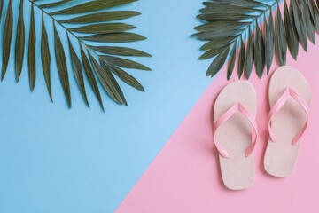 Minimal beach scene with pastel background and leaves