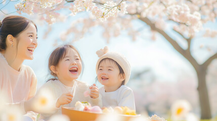 春の公園でピクニック　家族の時間