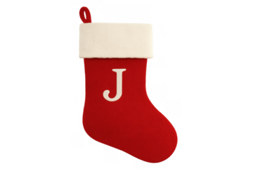 Red christmas stocking with letter j, hanging holiday decoration for festive gifts and celebration