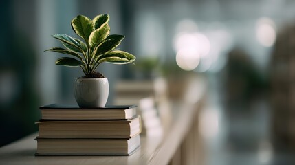 Small potted plant on a stack of books: education, knowledge, and eco-friendly office.