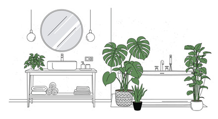A modern and minimalist bathroom interior design featuring lush green houseplants, a stylish sink, mirror, and bathtub, depicted in clean line art.