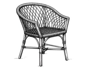 Detailed pen-and-ink illustration of a woven rattan chair with armrests. The chair features a curved back and is rendered with precise line work