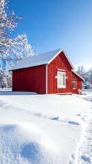 Traditional Red Wooden House on a Sunny Winter Day in Finland.