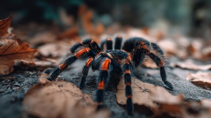 Black Tarantula with Orange Markings Resting on Autumn Leaves