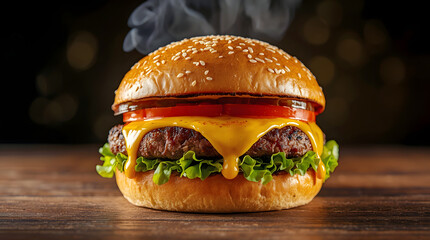 Delicious juicy chicken burger on rustic wooden board, fast food photography